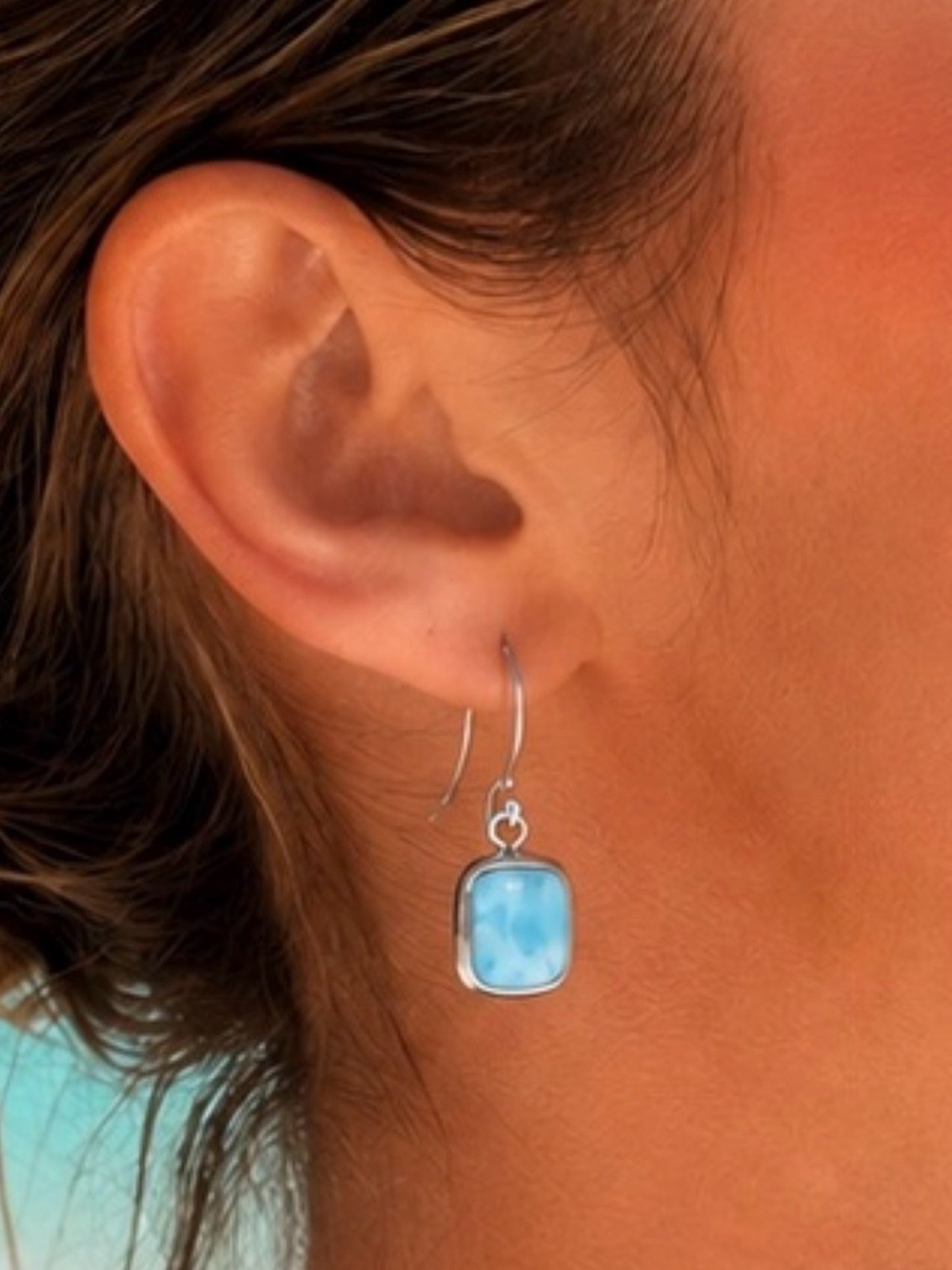 Sterling Silver Genuine Larimar Dangle Earrings | 925 Blue Caribbean Stone